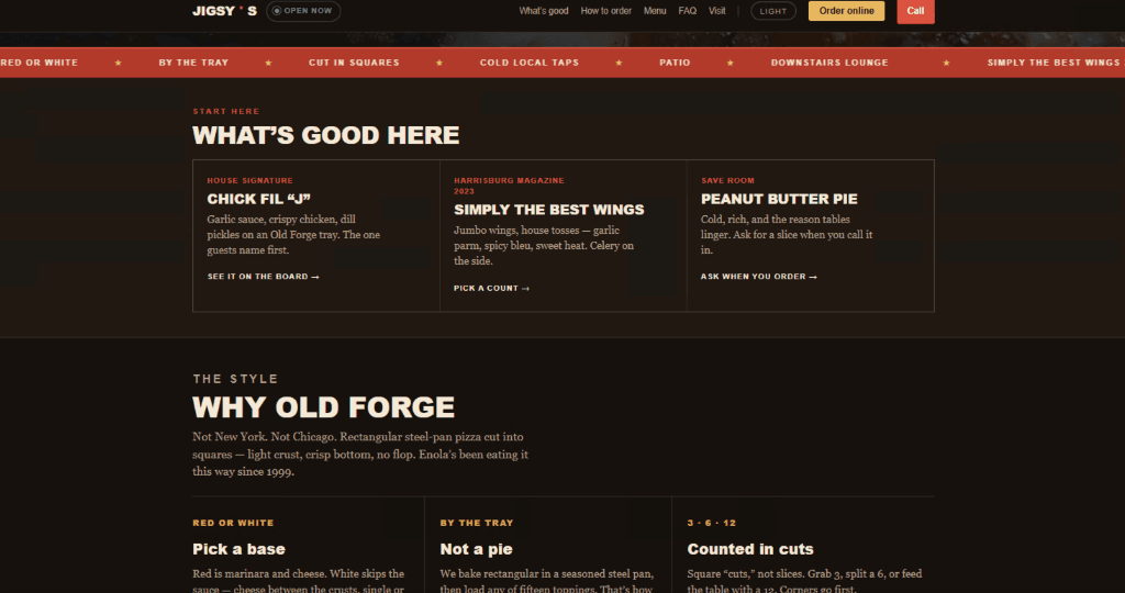 The redesigned Jigsy’s site: a What’s good here section naming Chick Fil “J”, Simply the Best Wings and Peanut Butter Pie, above a Why Old Forge explainer