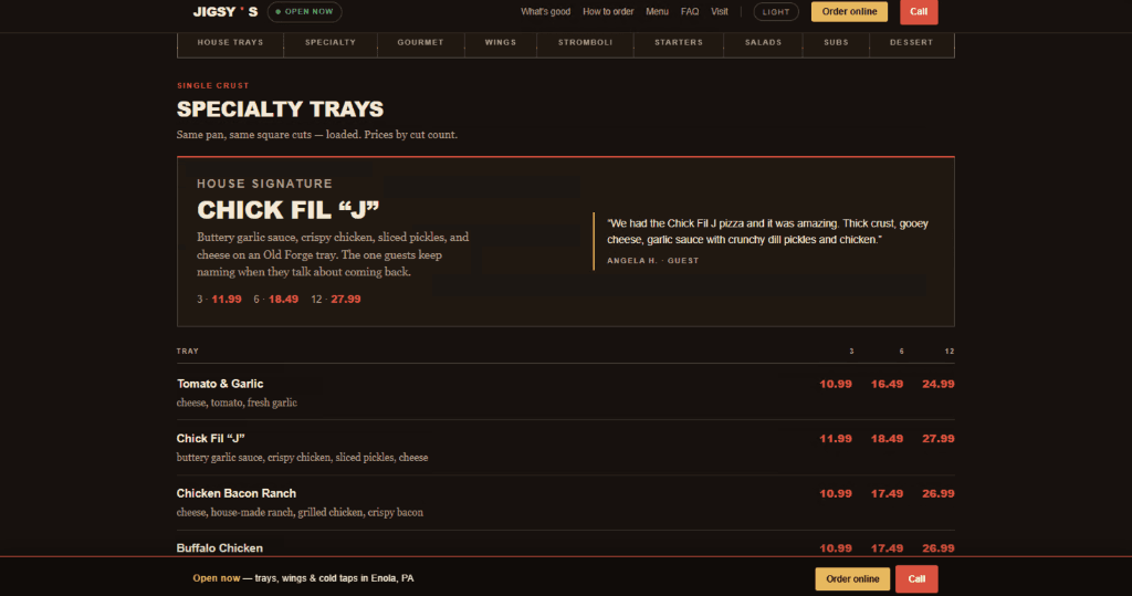 Specialty trays section of the menu with names, descriptions and prices
