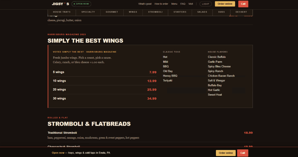 Wings and stromboli sections of the menu