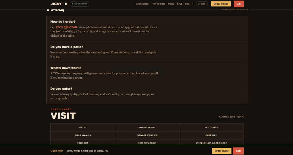 FAQ and amenities section covering common questions and what the restaurant offers