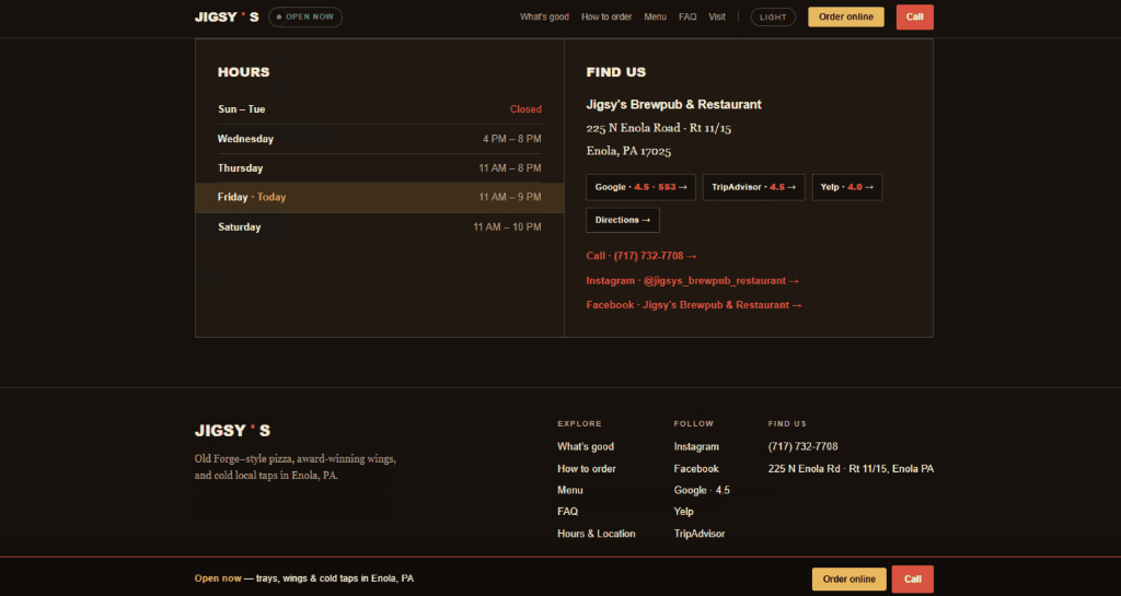 Hours, location and footer with the weekly hours table, address, review links and contact details