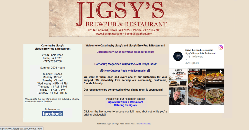 Jigsy’s previous website: a fixed-width beige page with a banner logo, a hand-typed hours list, and a link to view or download the menus as PDFs